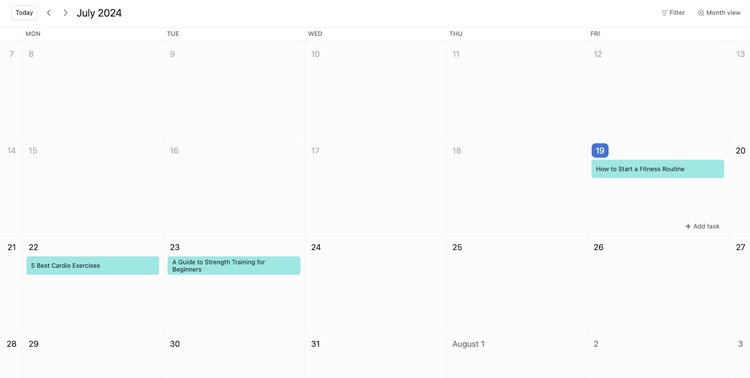 El calendario de contenidos de Asana en la vista de calendario muestra los próximos contenidos