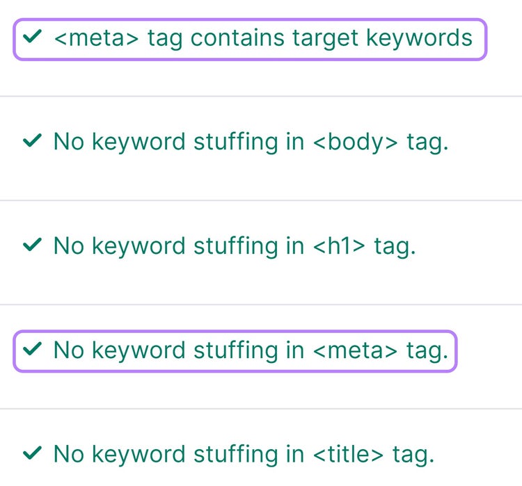 La metaetiqueta contiene palabras clave objetivo, y no hay relleno de palabras clave en los resultados de la metaetiqueta resaltados en el Comprobador SEO On-Page