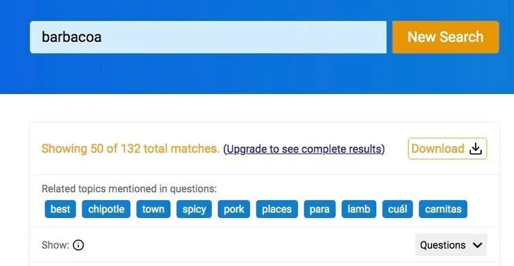 Interfaz QuestionDB con temas relacionados en píldoras azules y búsqueda