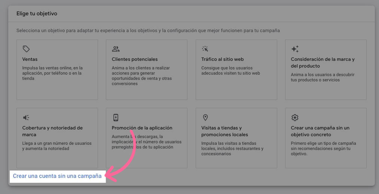 Google Ads campaign objectives interface showing eight goal options