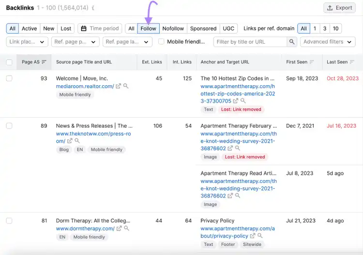 "Seguir" seleccionado en la tabla "Backlinks" de la herramienta Backlinks