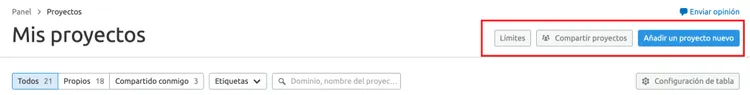 Semrush Mis proyectos panel listar crear proyecto filtros