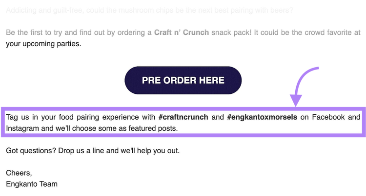 Email promoción pre-order con instrucciones hashtag redes sociales