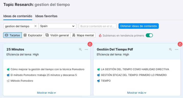 Resultados Topic Research con tarjetas de ideas y subtemas relacionados