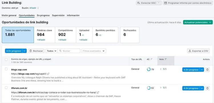 Herramienta Link Building Semrush