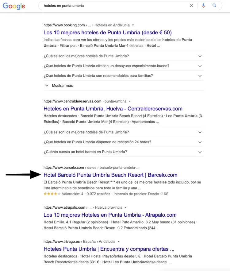 Google SERP hoteles Punta Umbria con resultados top ranking