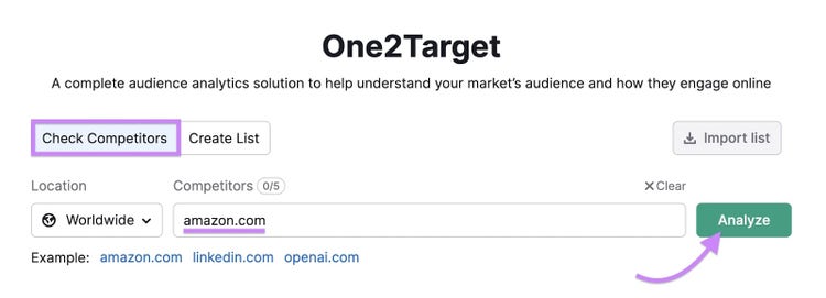 "amazon.com" introducido en la herramienta One2Target