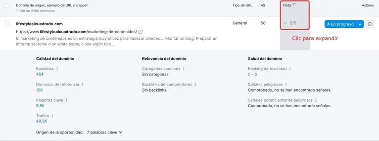 Link Building tool showing domain quality, relevance categories, and link opportunities