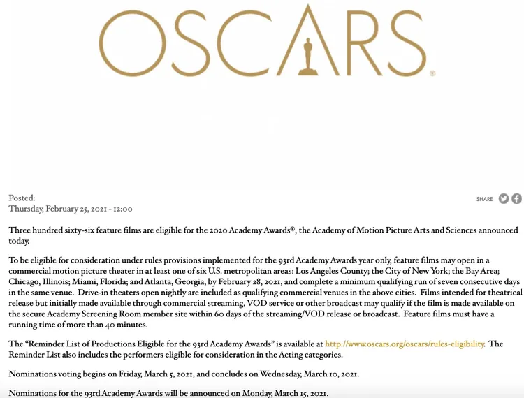 Comunicado de prensa de los Oscar 2021