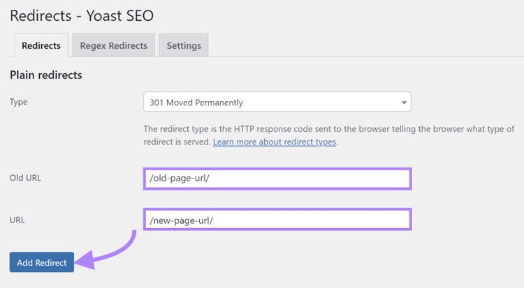 Pantalla de redirecciones en Yoast SEO con las URL antigua y nueva introducidas y el botón "Añadir redirección" pulsado.