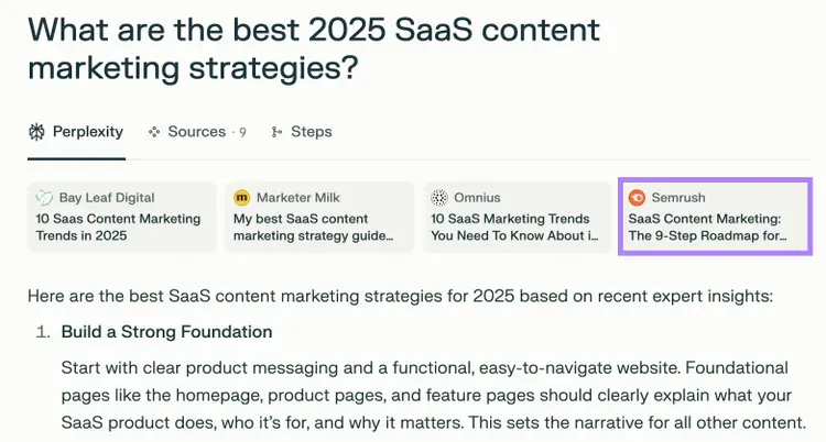 Resultados de Perplexity mostrando estrategias de contenido SaaS