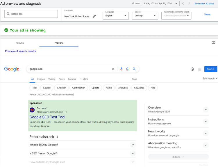 "Vista previa del anuncio..." mostrando una SERP de escritorio, con un anuncio de Semrush resaltado en verde y el mensaje "Se muestra tu anuncio".