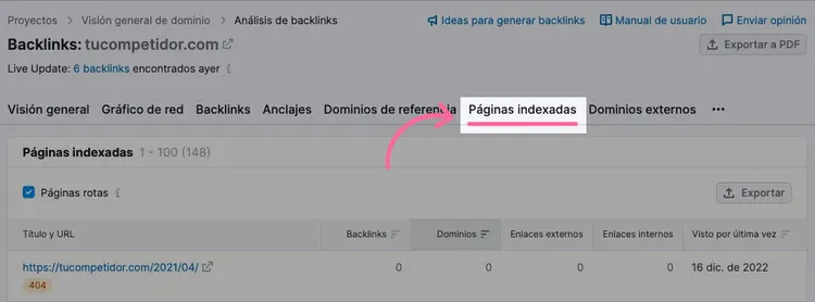 Pestaña Páginas indexadas en análisis de backlinks de competidor