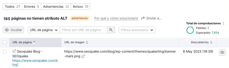 Listado de 165 páginas sin atributo alt con URLs y descripción