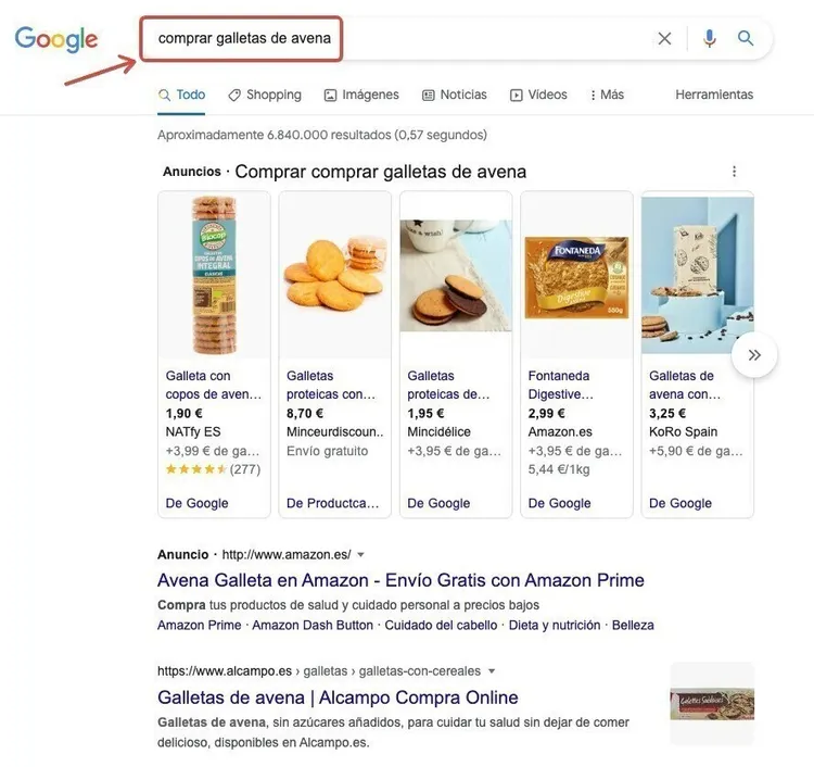 Google: búsqueda comprar galletas avena mostrando anuncios y productos