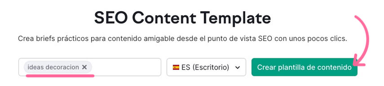 Recomendaciones de plantilla SEO mostrando análisis de competencia y palabras clave relacionadas