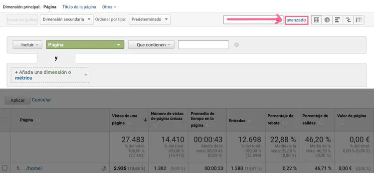 Menú filtro Google Analytics UA con dropdown Páginas y campo Que contengan