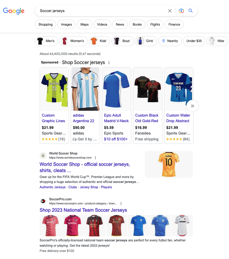 SERP de Google para la búsqueda "camisetas de fútbol