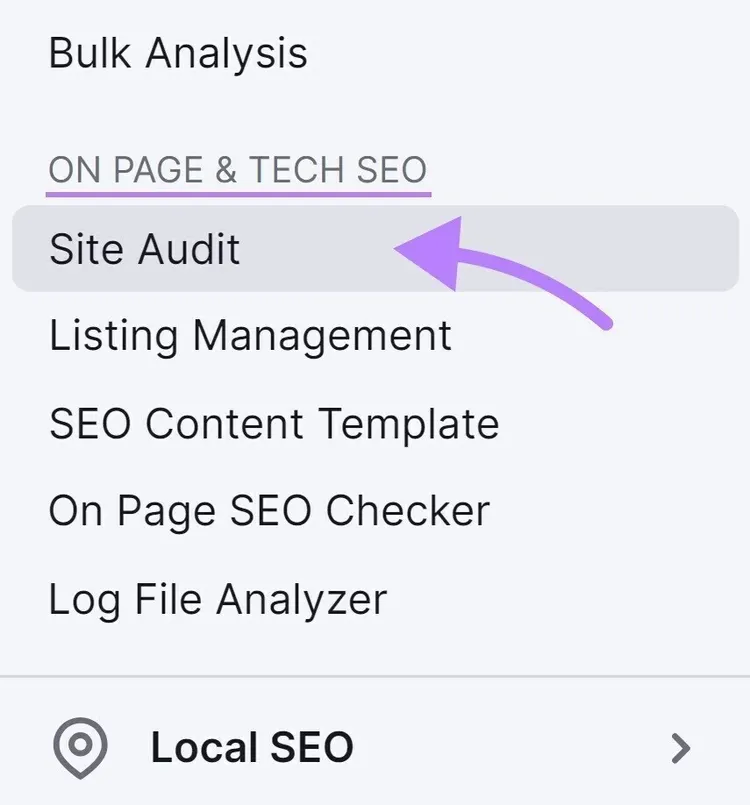 Botón "Auditoría del sitio" en el menú de Semrush