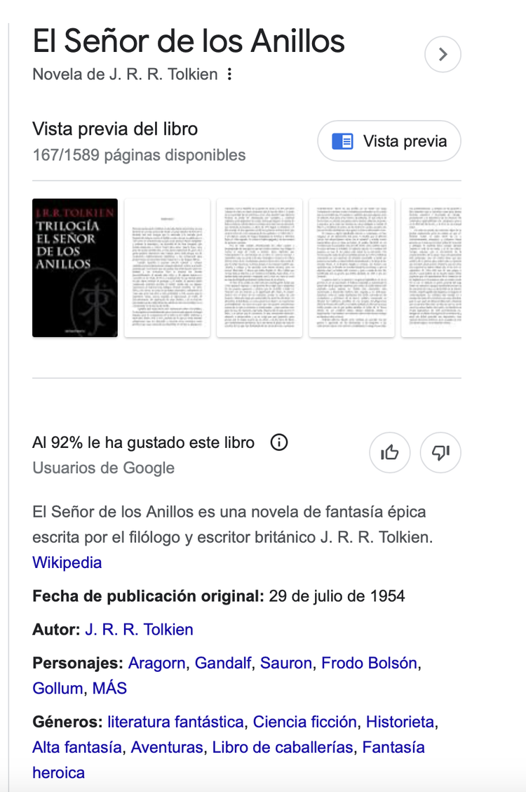 Panel de conocimiento para la búsqueda "El Señor de los Anillos"