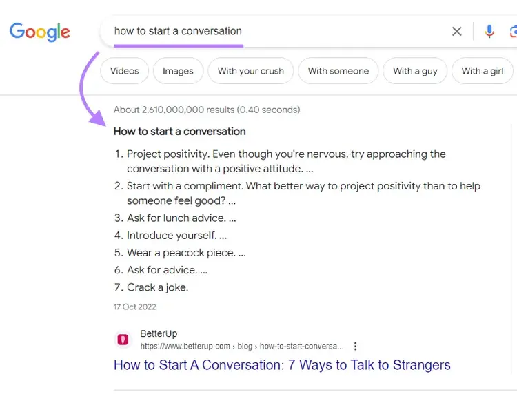 Un fragmento destacado para la búsqueda "cómo iniciar una conversación" en Google