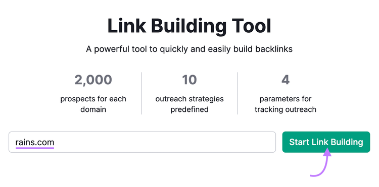 "rains.com" introducido en la barra de búsqueda de la herramienta Link Building