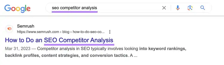 Resultado del blog de Semrush para "seo competitor analysis" en las SERP de Google