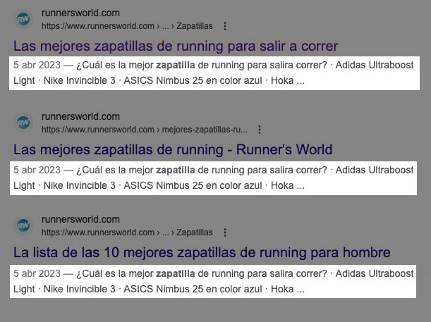 Resultados de búsqueda de Google para zapatos de running mostrando multiple resultados de Runner's World