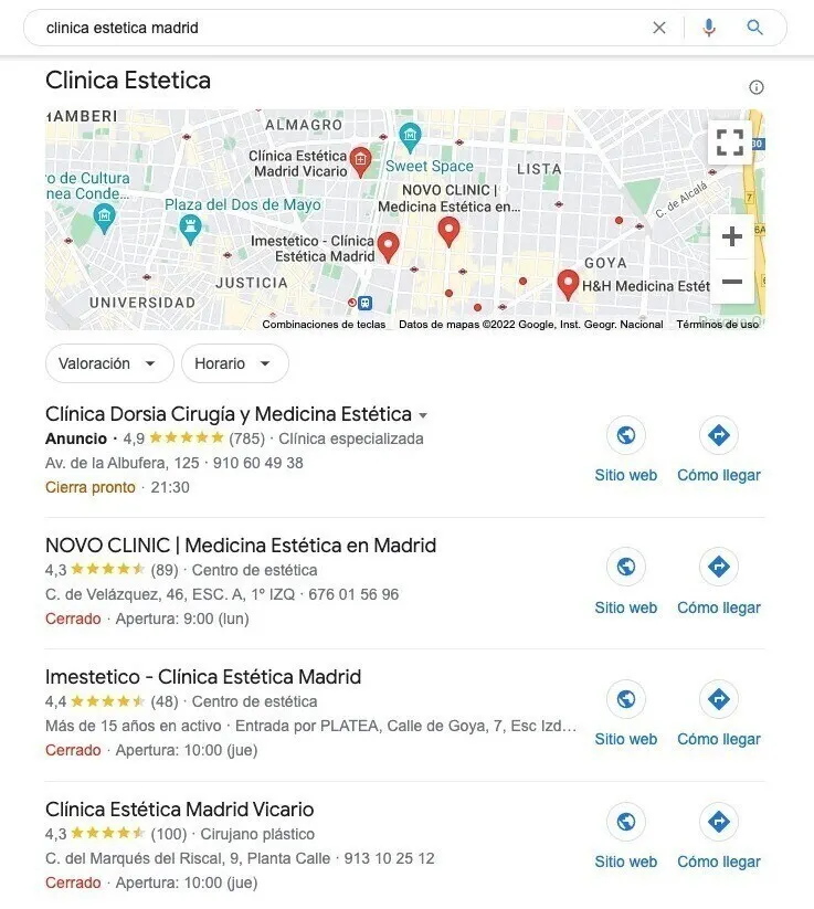 Paquete local clínicas estéticas Madrid con mapa