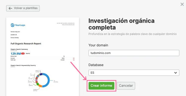 Crea un informe de investigación orgánica con Semrush.