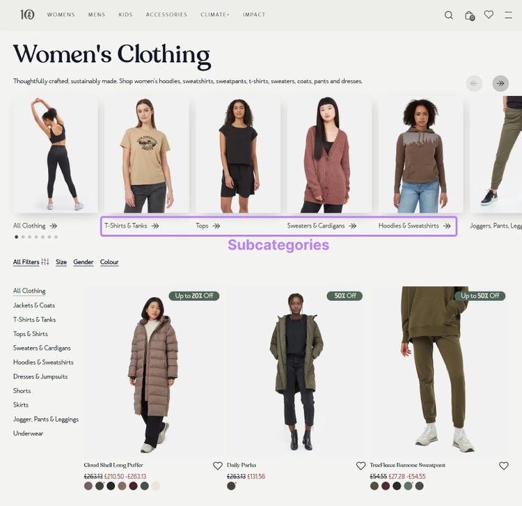 Página de ropa de mujer con las subcategorías "Camisetas & Tanks", "Tops" y "Jerseys & Cardigans" destacadas