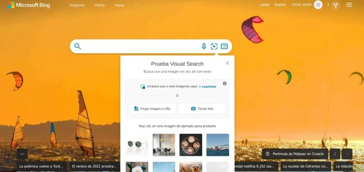 Bing Búsqueda Visual con menú y ejemplos de imágenes