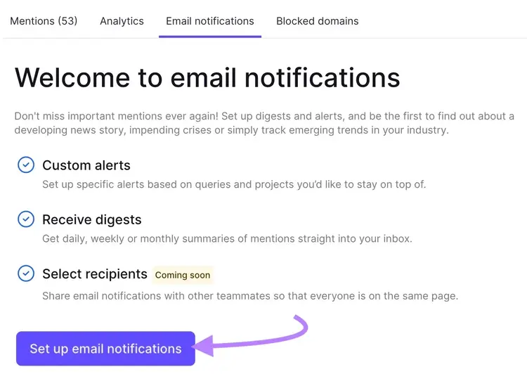 "Ventana emergente "Bienvenido a las notificaciones por correo electrónico