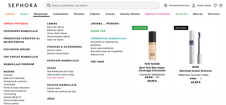Menú de navegación de la web de Sephora