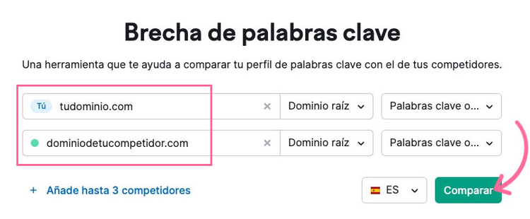 Herramienta Brecha de palabras clave para comparar perfil competidor