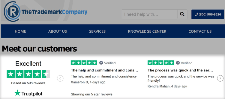 Widget de Trustpilot en el sitio web de TheTrademarkCompany