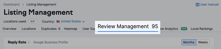 Semrush Listing Management con pestaña Review Management activa