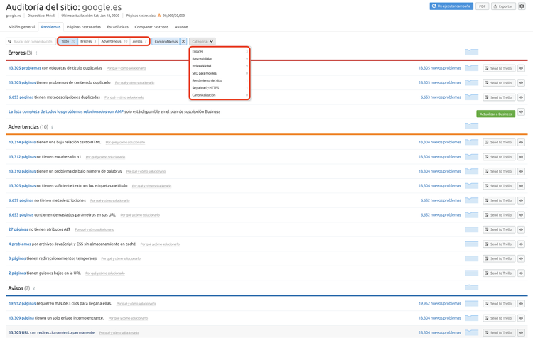 Auditoría SEO - Issues Google