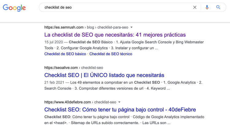 Google: resultados principales para checklist de SEO con Semrush en posición 1