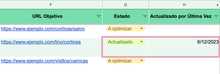 Actualiza las columnas "Estado" y "Actualizado por última vez" en la hoja de cálculo