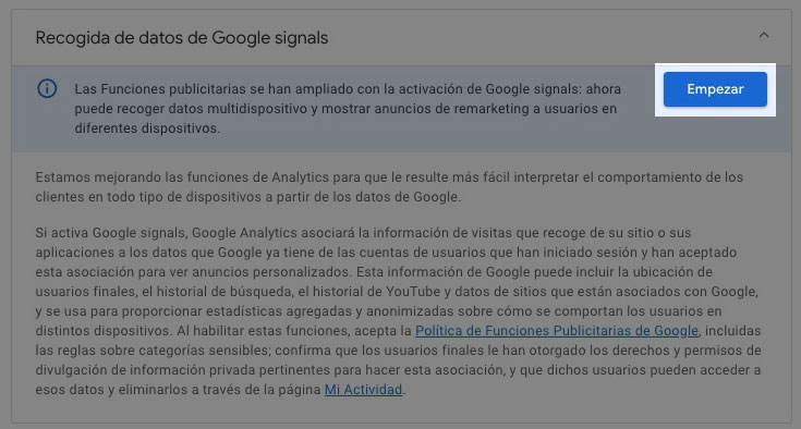 Empeza con la recogida de Datos de Google signals