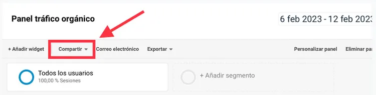 Panel Google Analytics con botón Compartir resaltado en rojo