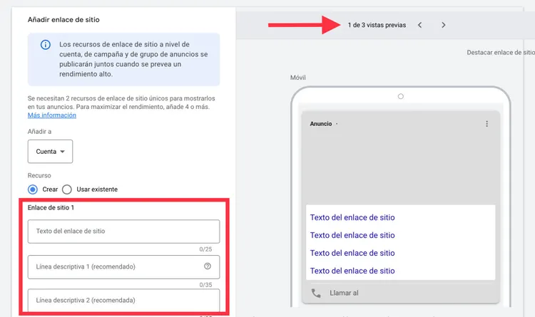 Crea tus sitelinks rellenando
