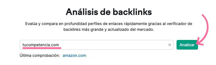 Interfaz Semrush Análisis de backlinks con campo entrada de dominio