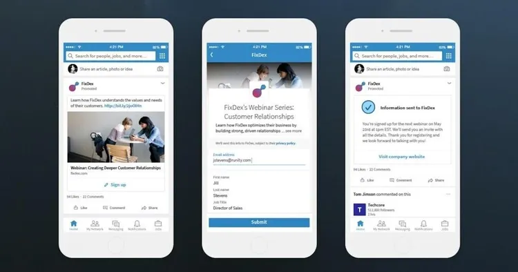Facebook and LinkedIn social lead generation interfaces on smartphone screens