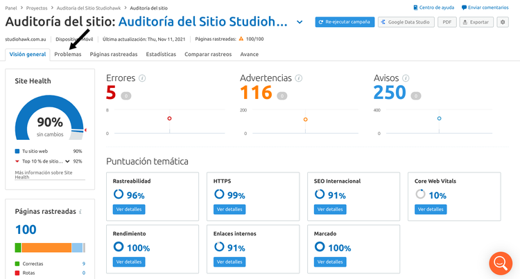 Informe auditoría Semrush Site Health 90% errores advertencias rastreadas