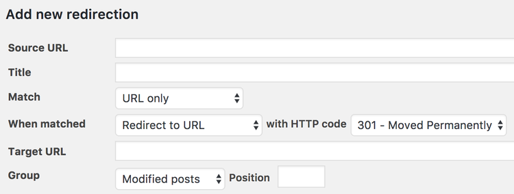 Formulario “Añadir nueva redirección” en Yoast SEO