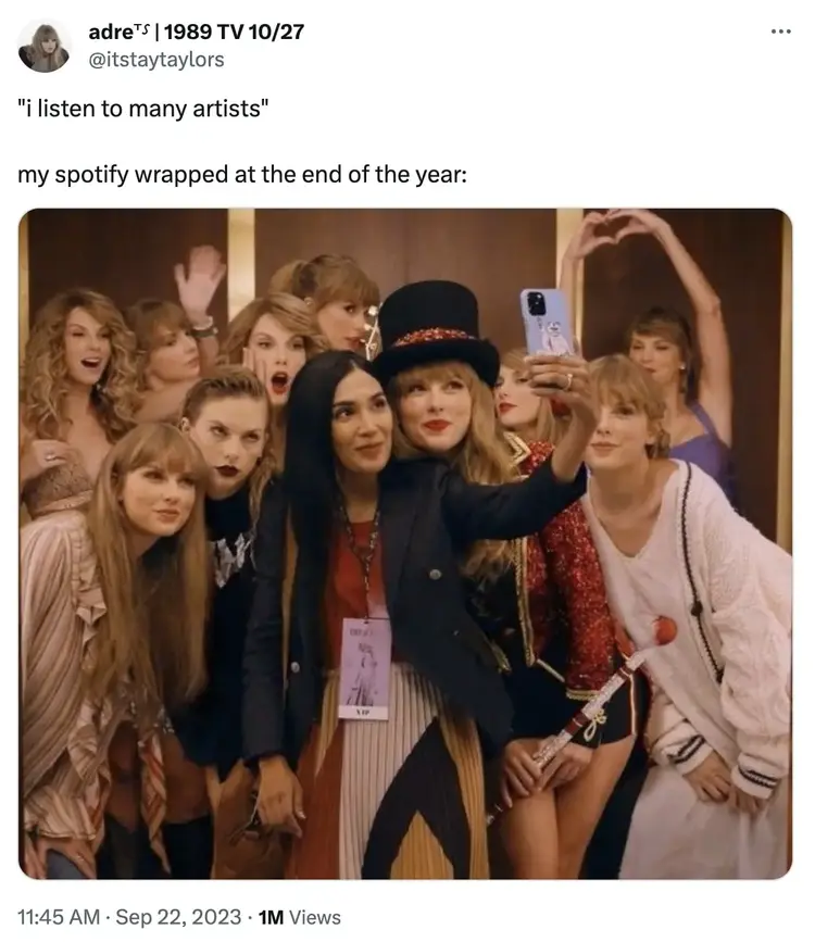 Ejemplo de un usuario que publica un meme sobre su Spotify envuelto en X