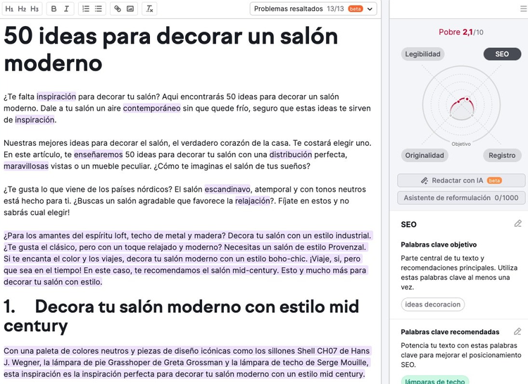 Recomendaciones de SEO Writing Assitance