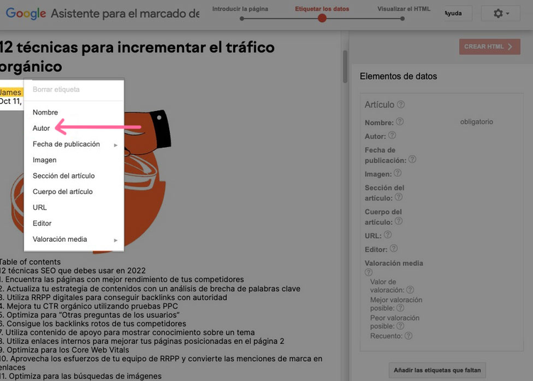 Asistente Google datos mostrando menú dropdown para mapeo campos con Autor